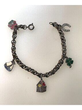 Vintage Mid Century Enamel Charm Bracelet House Clover Sailboat Horseshoe 6"